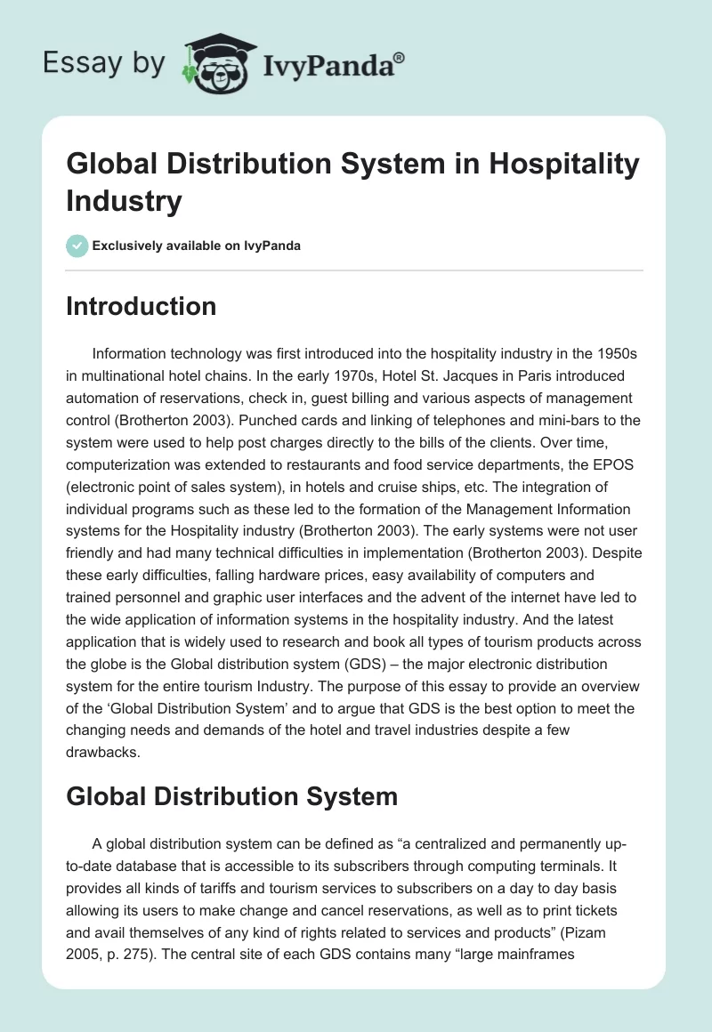 Global Distribution System in Hospitality Industry. Page 1