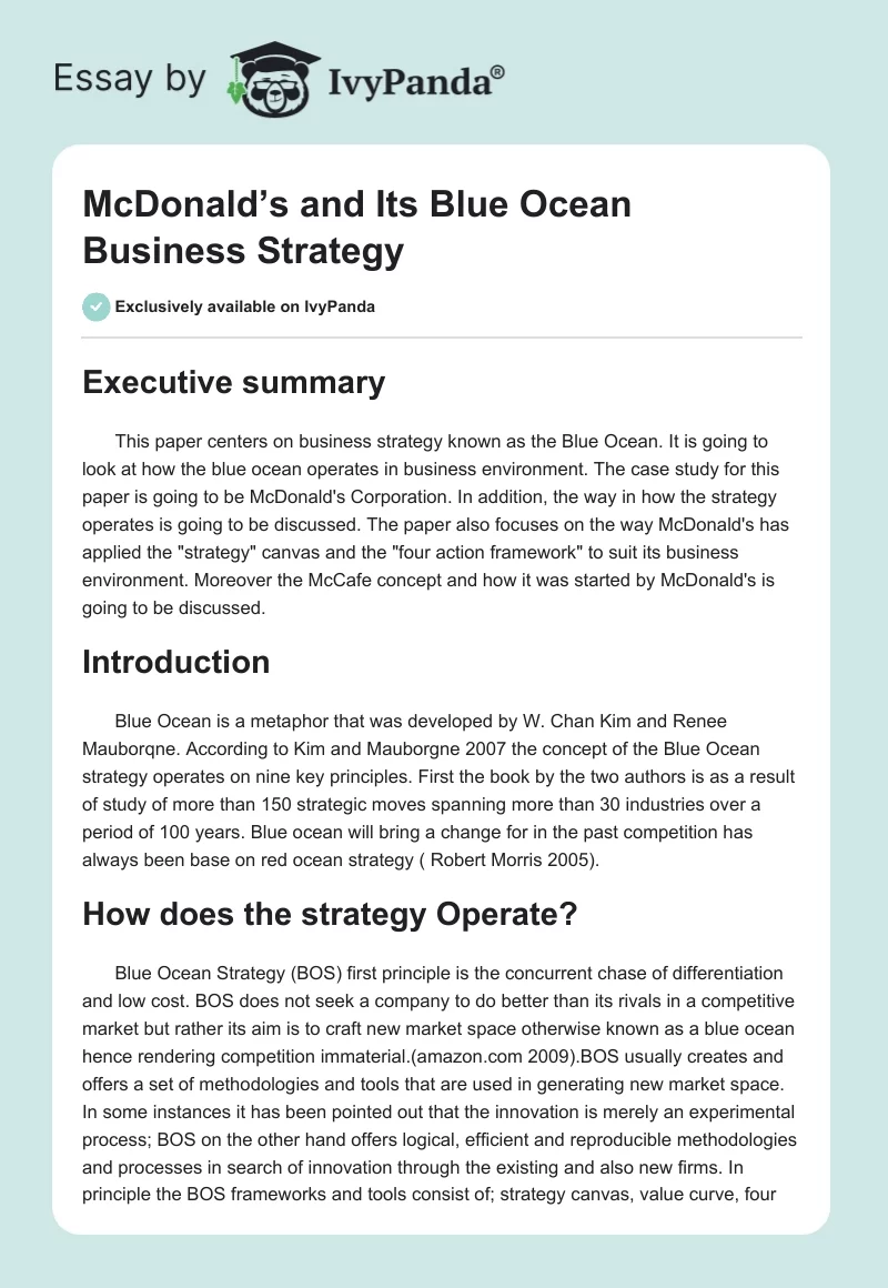 McDonald’s and Its Blue Ocean Business Strategy. Page 1