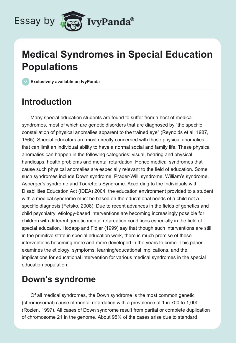 Medical Syndromes in Special Education Populations. Page 1