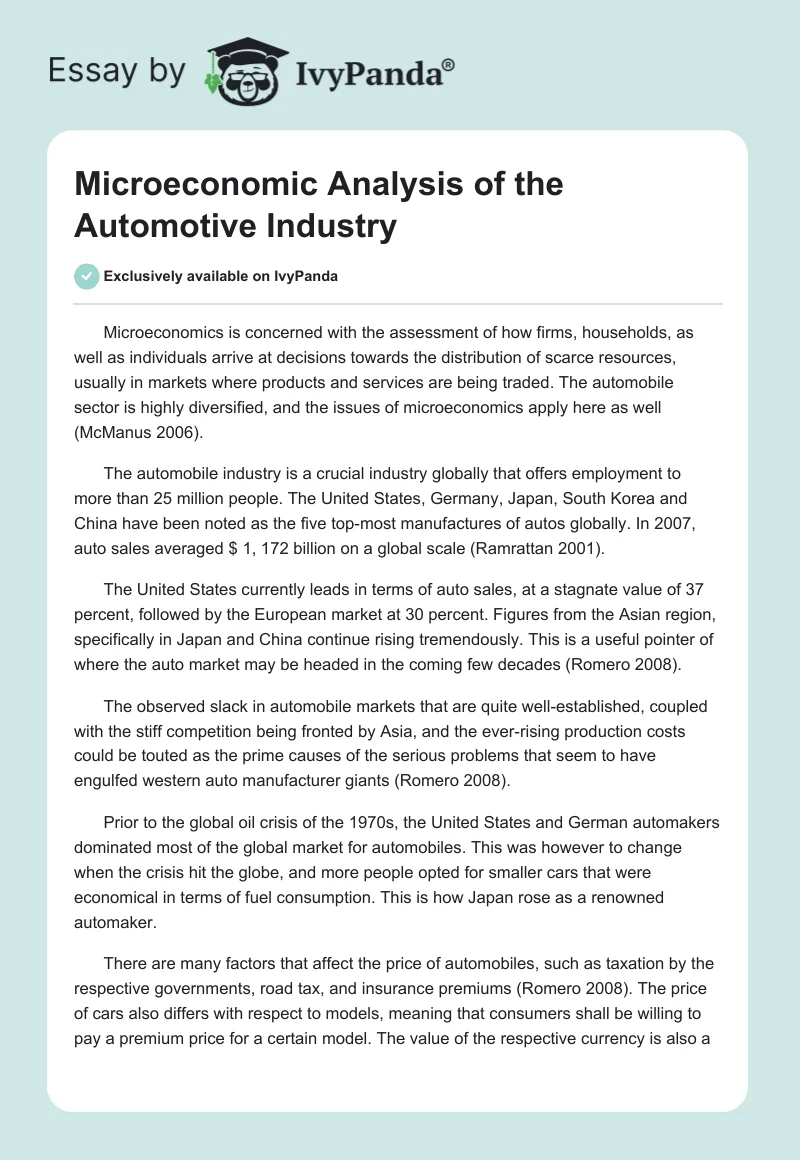 Microeconomic Analysis of the Automotive Industry. Page 1