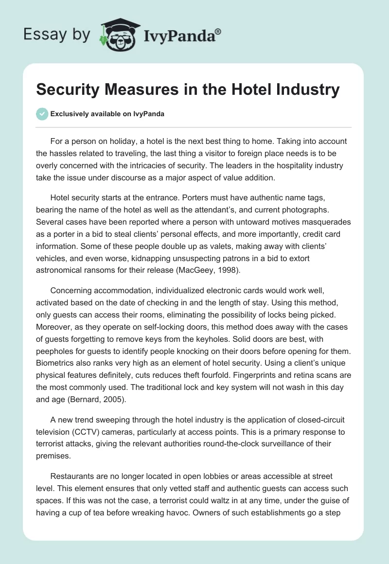 Security Measures in the Hotel Industry. Page 1