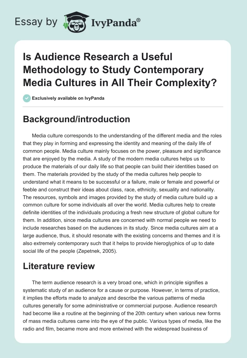 Is Audience Research a Useful Methodology to Study Contemporary Media Cultures in All Their Complexity?. Page 1