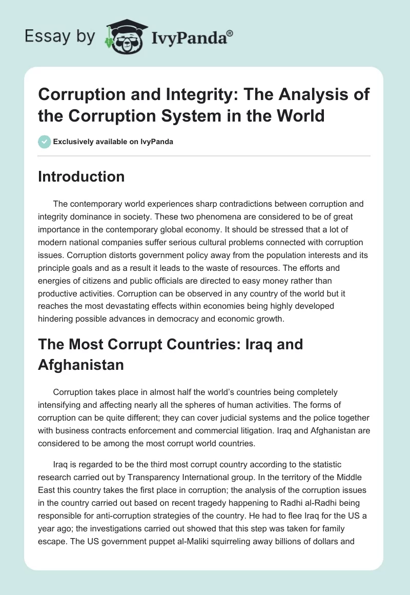 Corruption and Integrity: The Analysis of the Corruption System in the World. Page 1