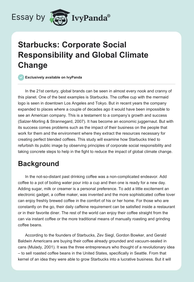Starbucks: Corporate Social Responsibility and Global Climate Change. Page 1