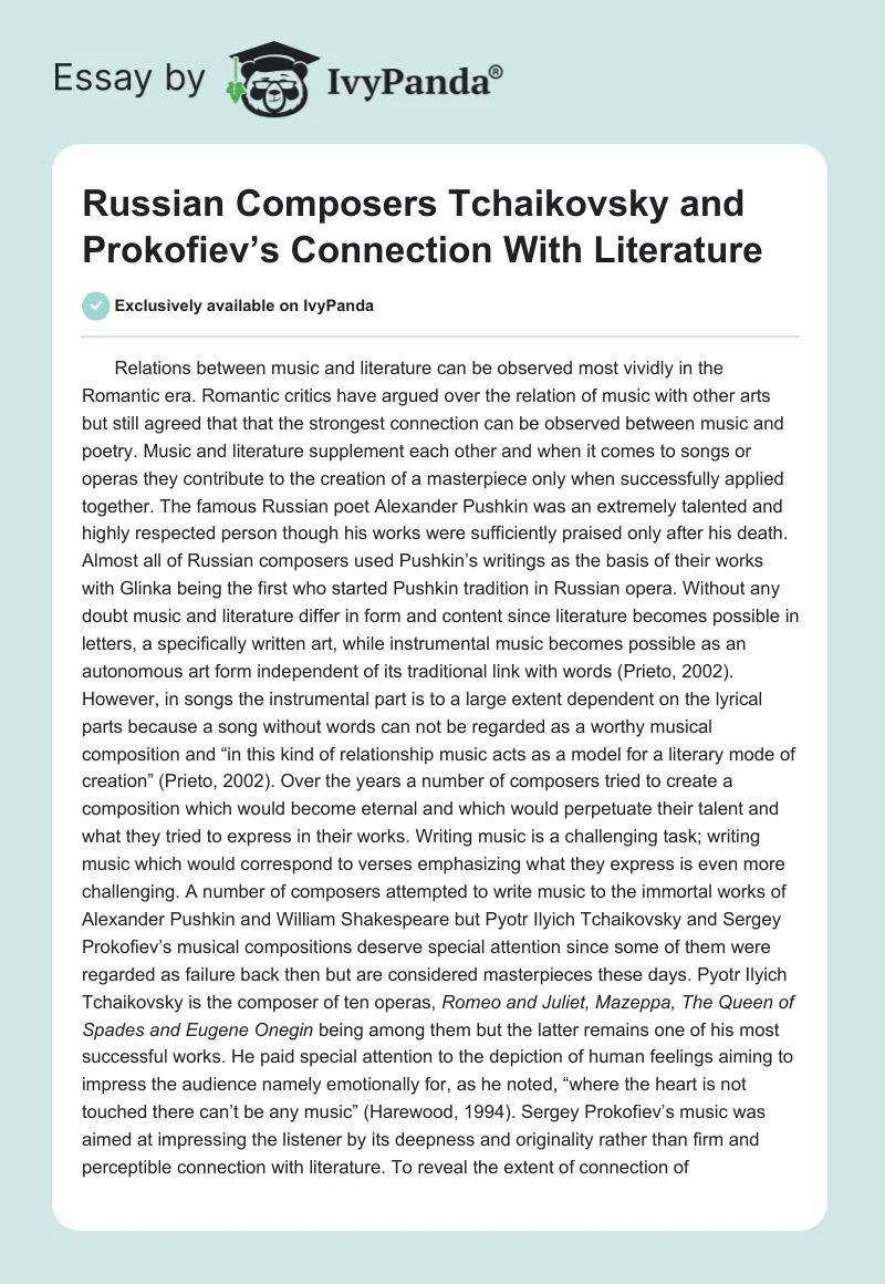 Russian Composers Tchaikovsky and Prokofiev’s Connection With Literature. Page 1