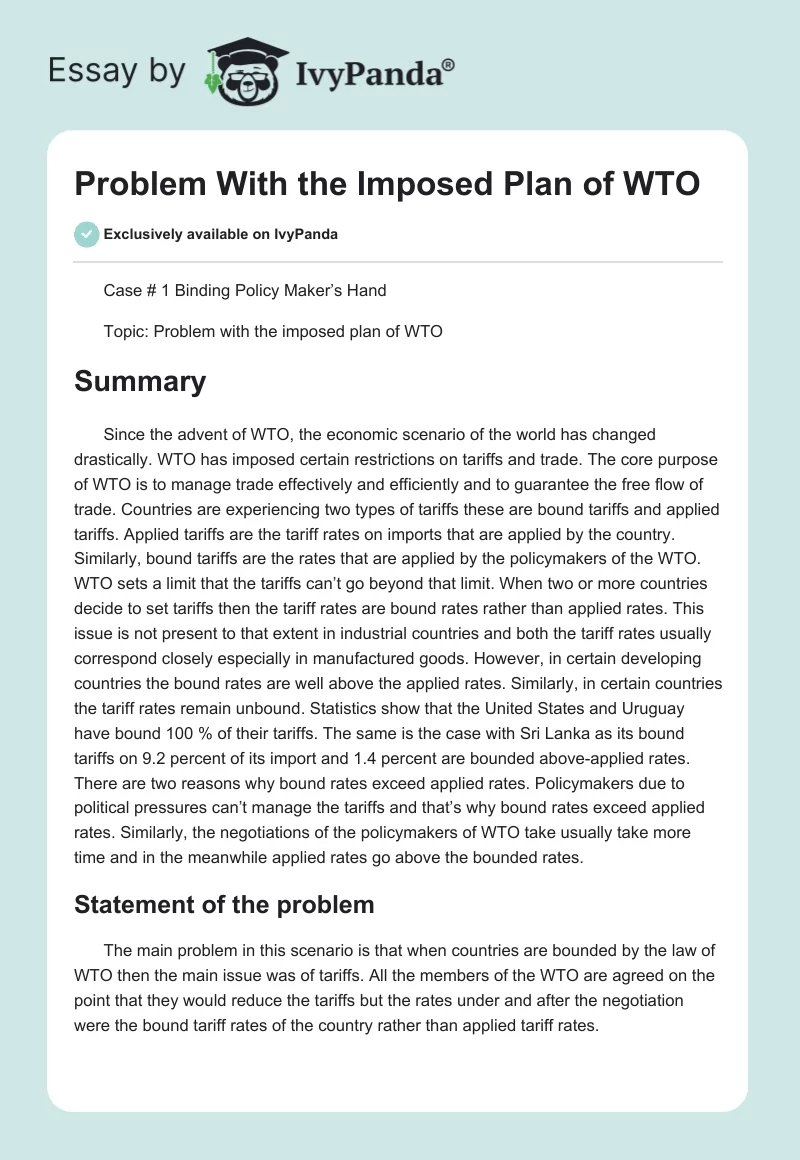 Problem With the Imposed Plan of WTO. Page 1
