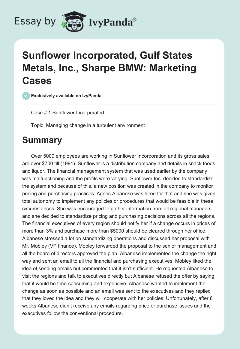 Sunflower Incorporated, Gulf States Metals, Inc., Sharpe BMW: Marketing Cases. Page 1