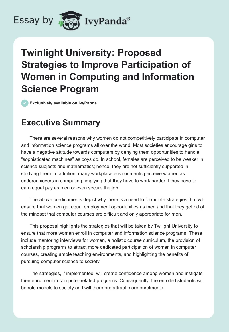 Twinlight University: Proposed Strategies to Improve Participation of Women in Computing and Information Science Program. Page 1