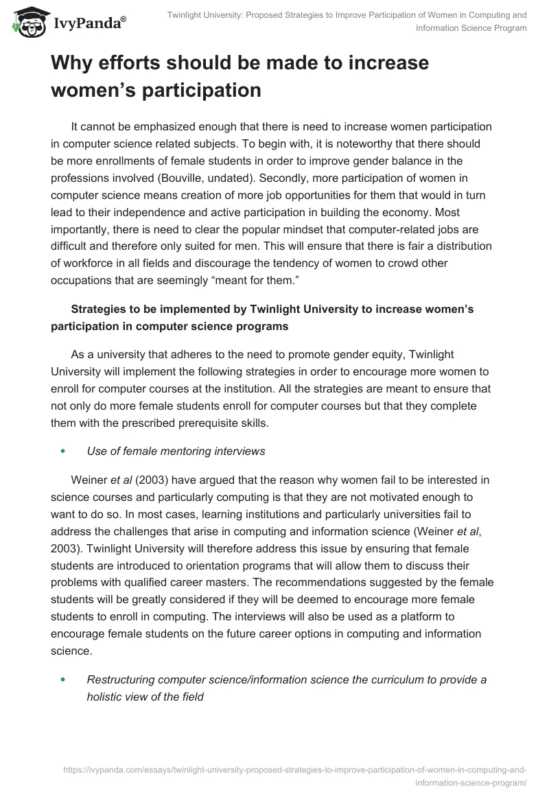Twinlight University: Proposed Strategies to Improve Participation of Women in Computing and Information Science Program. Page 5