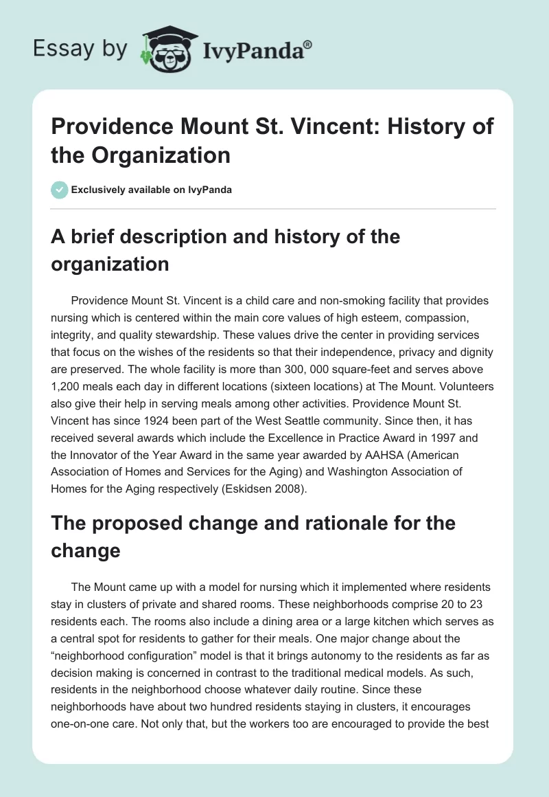 Providence Mount St. Vincent: History of the Organization. Page 1