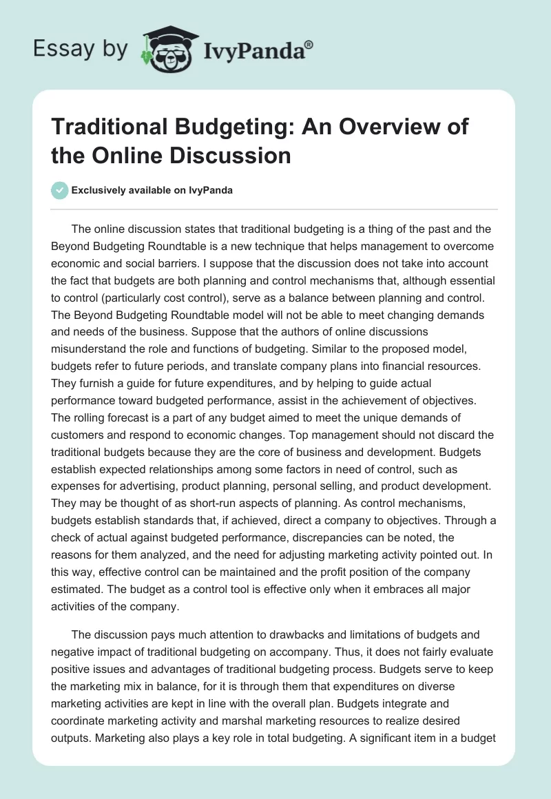 Traditional Budgeting: An Overview of the Online Discussion. Page 1