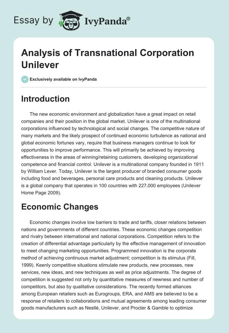 Analysis of Transnational Corporation Unilever. Page 1