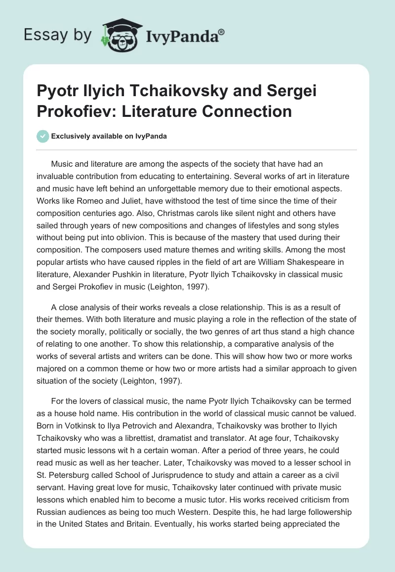 Pyotr Ilyich Tchaikovsky and Sergei Prokofiev: Literature Connection. Page 1