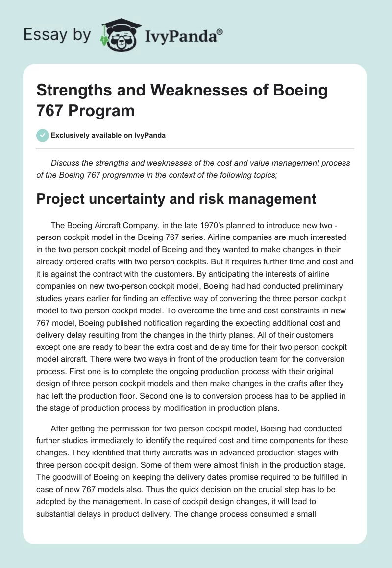 Strengths and Weaknesses of Boeing 767 Program. Page 1