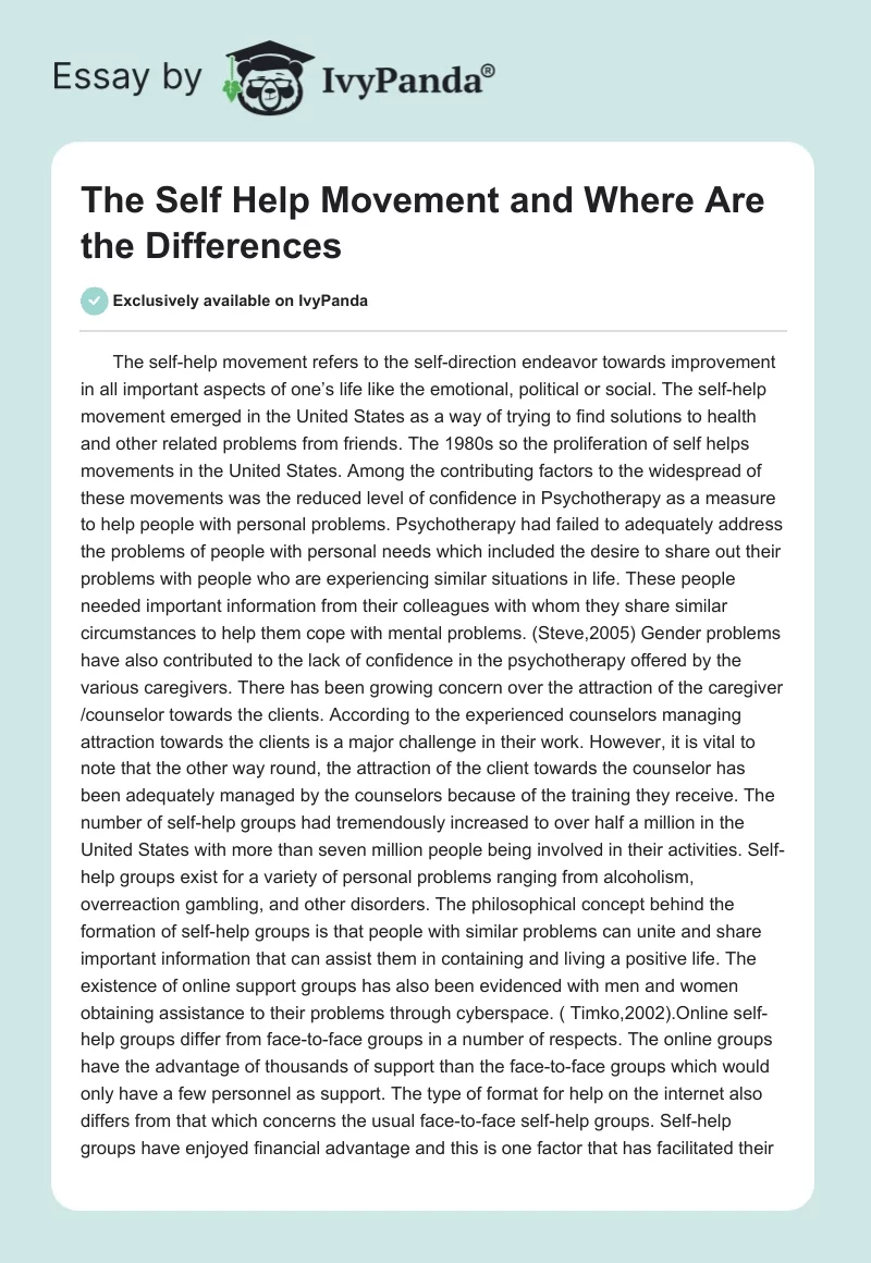 The Self Help Movement and Where Are the Differences. Page 1