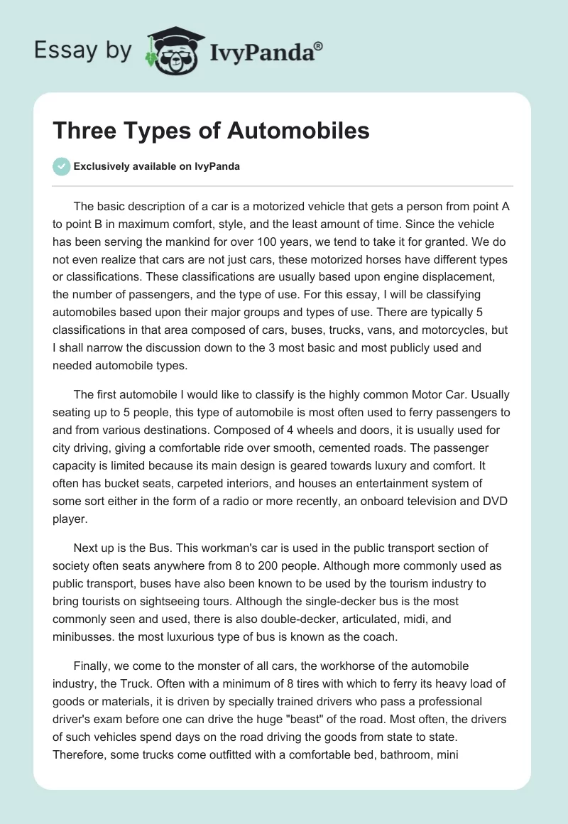 Three Types of Automobiles. Page 1