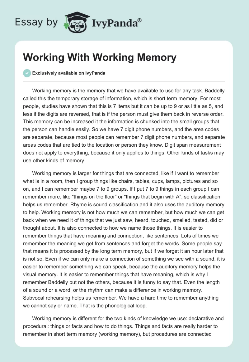 Working With Working Memory. Page 1