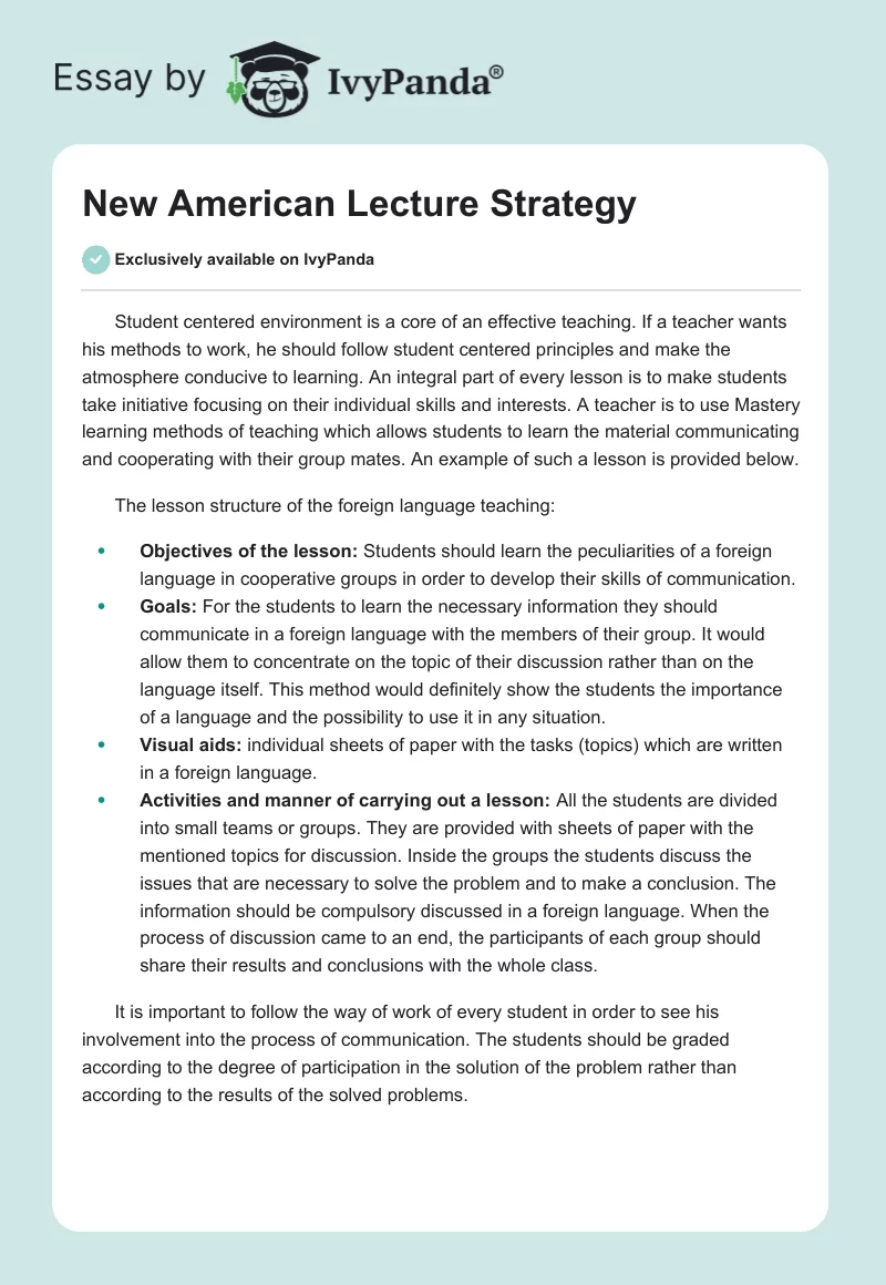 New American Lecture Strategy. Page 1