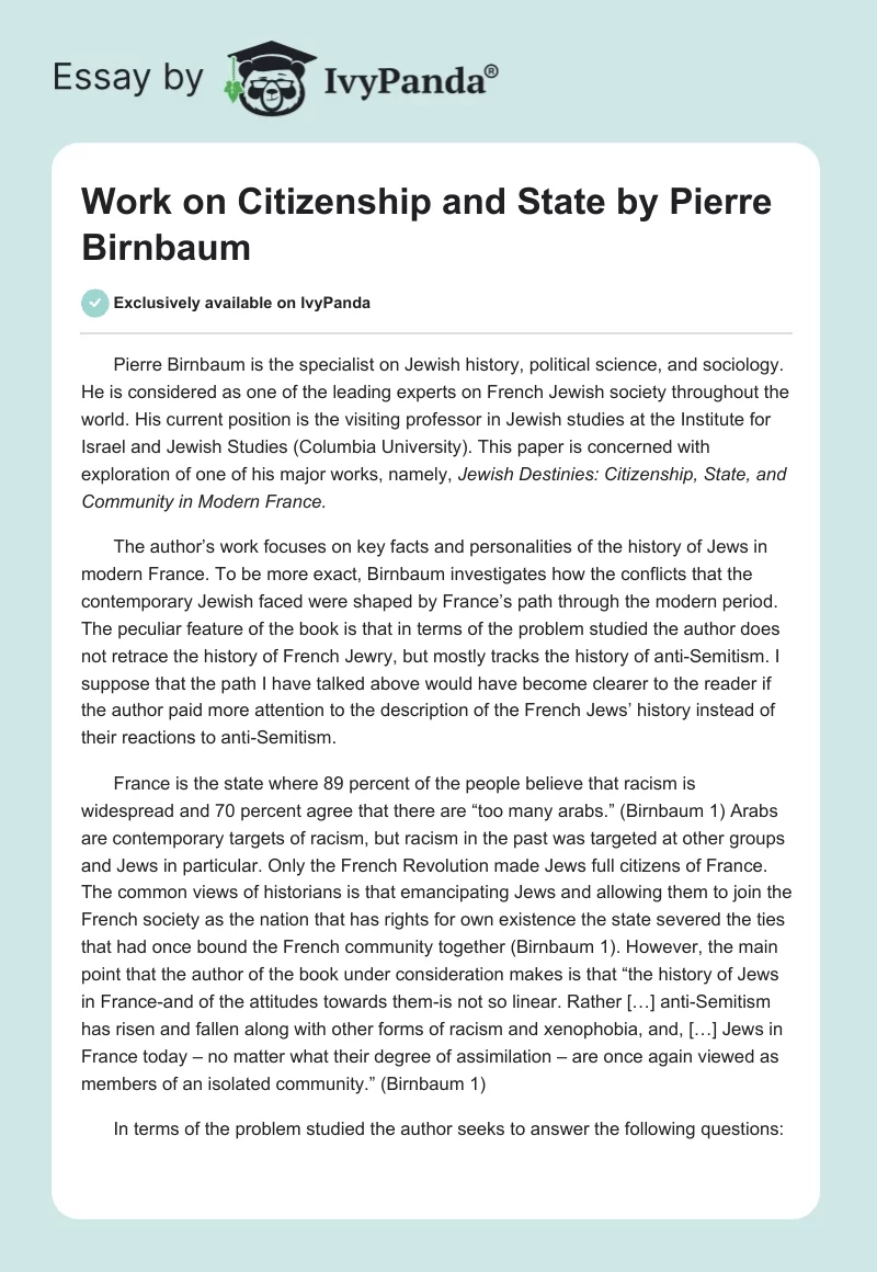 Work on Citizenship and State by Pierre Birnbaum. Page 1