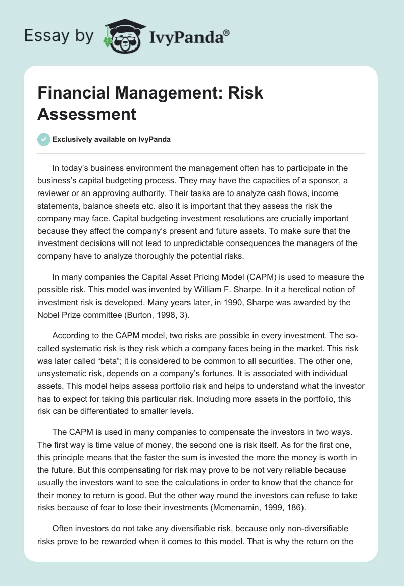 Financial Management: Risk Assessment. Page 1
