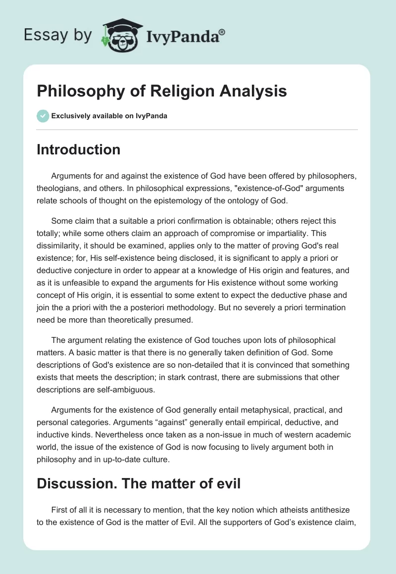 Philosophy of Religion Analysis. Page 1