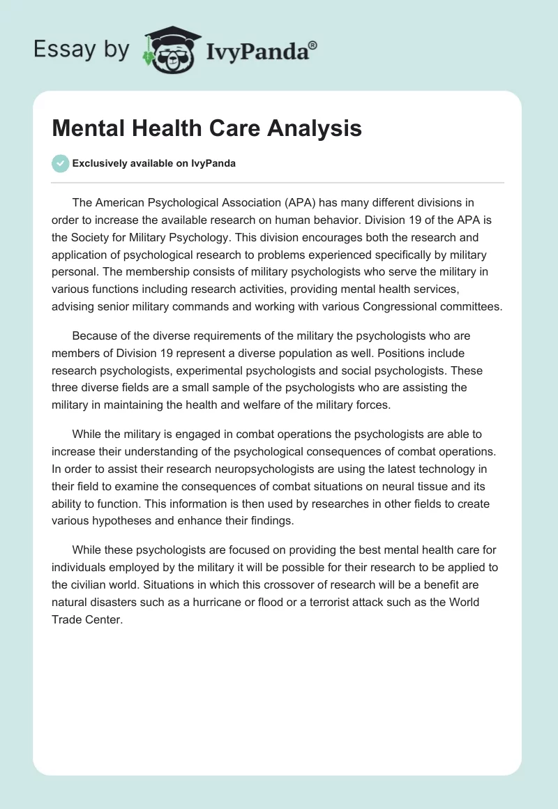 Mental Health Care Analysis. Page 1