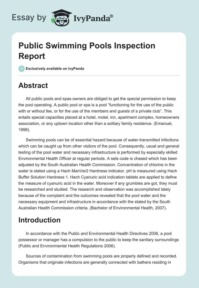 Public Swimming Pools Inspection Report. Page 1