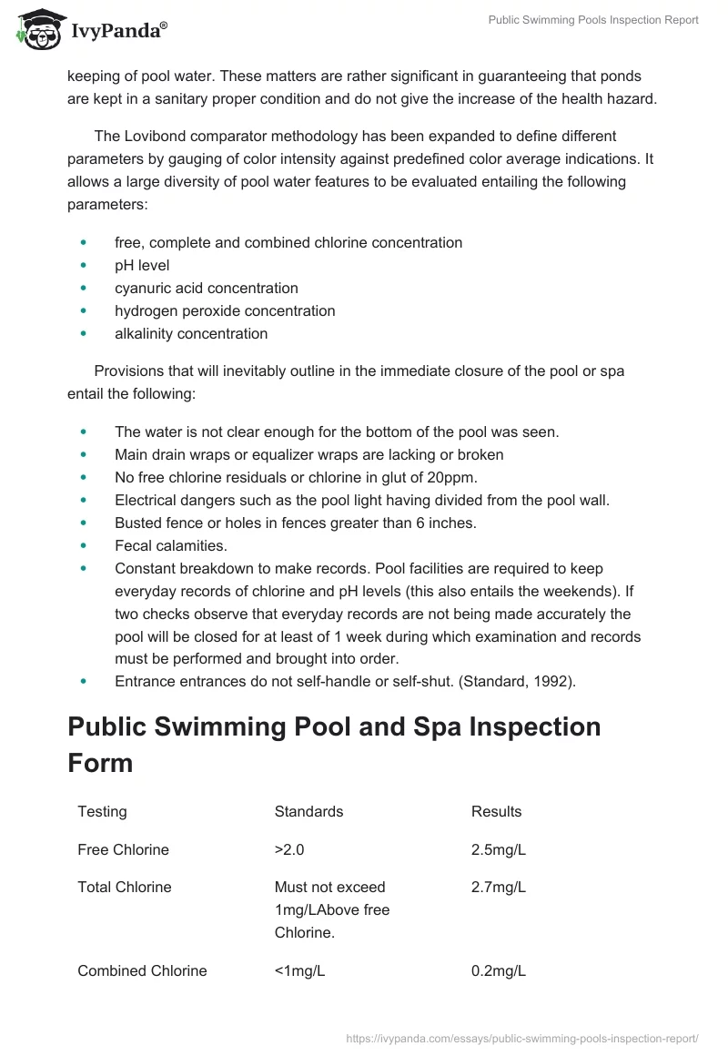 Public Swimming Pools Inspection Report. Page 3