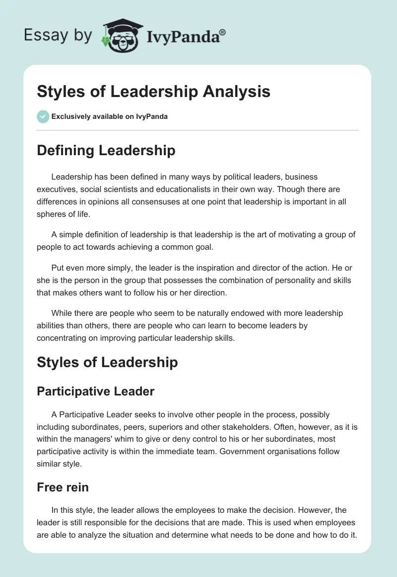 Styles of Leadership Analysis. Page 1