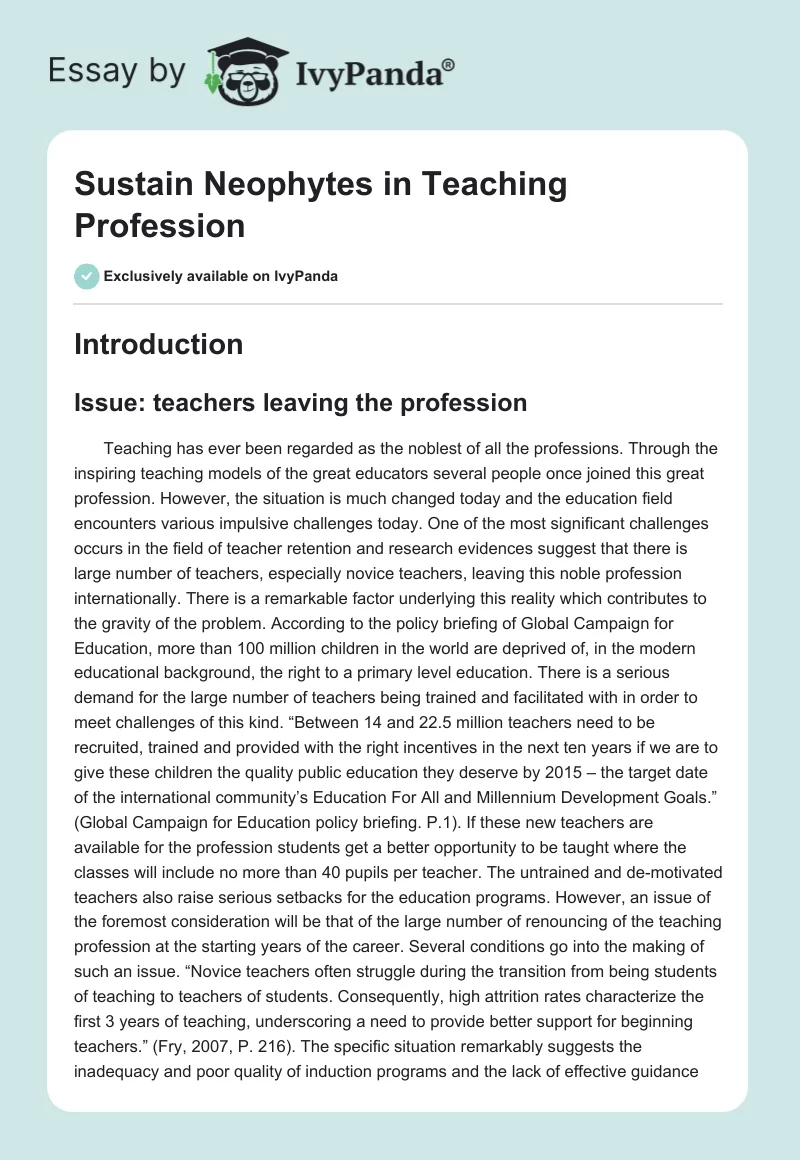 Sustain Neophytes in Teaching Profession. Page 1