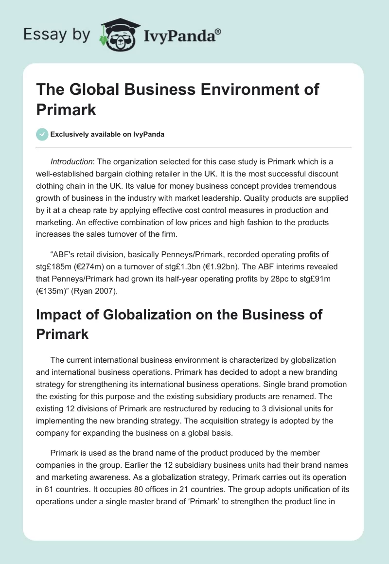 The Global Business Environment of Primark. Page 1