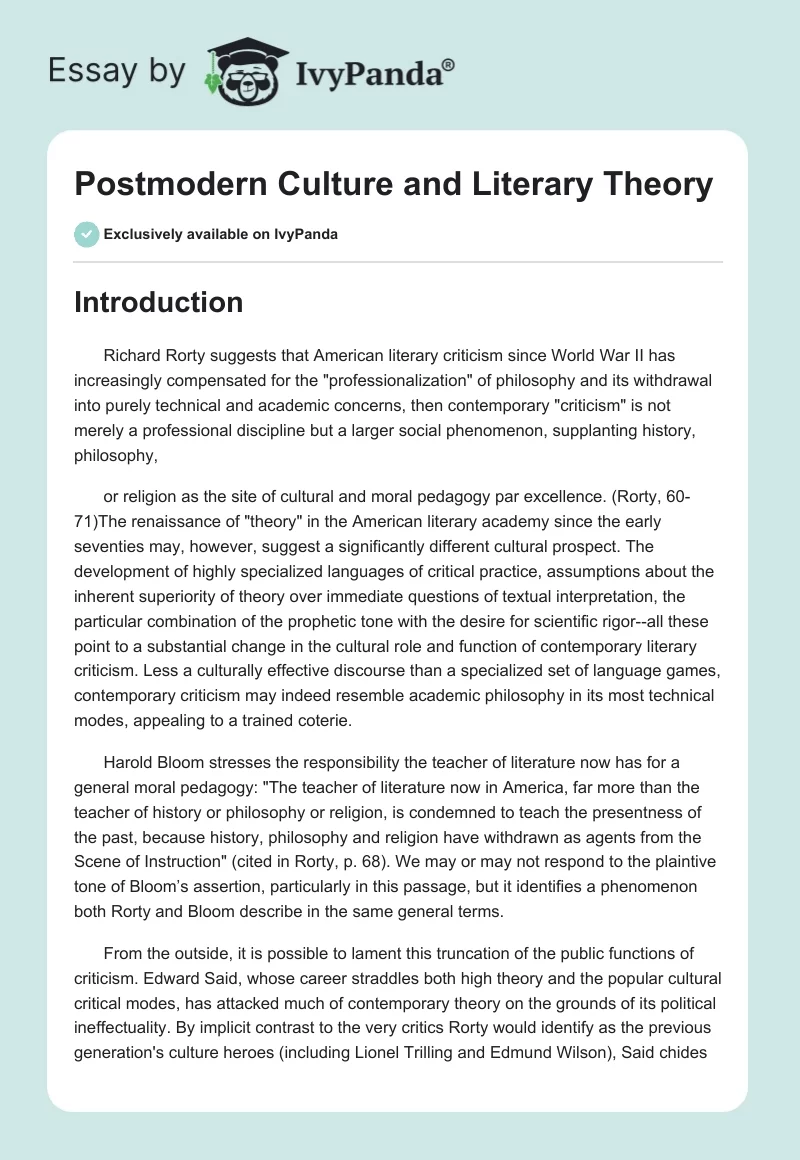 Postmodern Culture and Literary Theory. Page 1