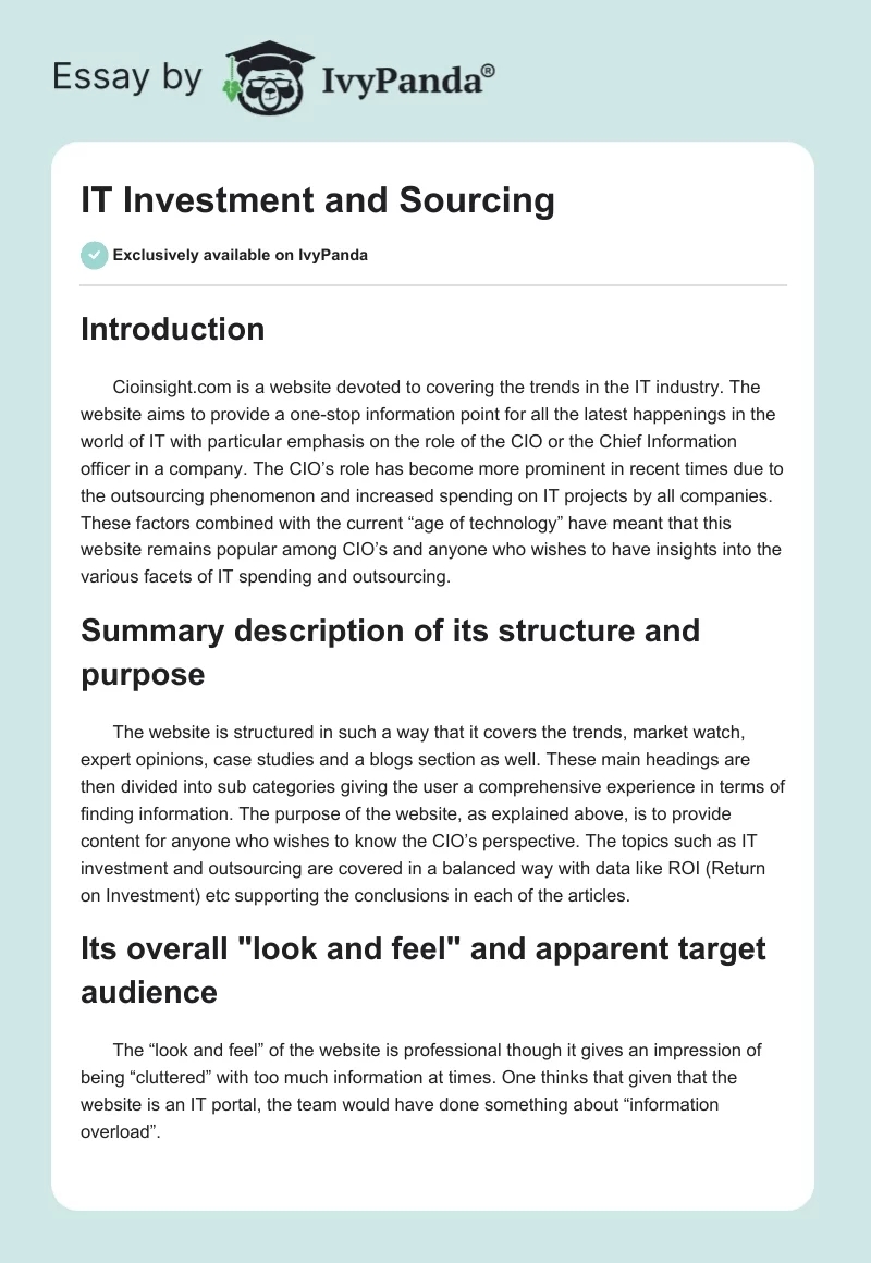 IT Investment and Sourcing. Page 1