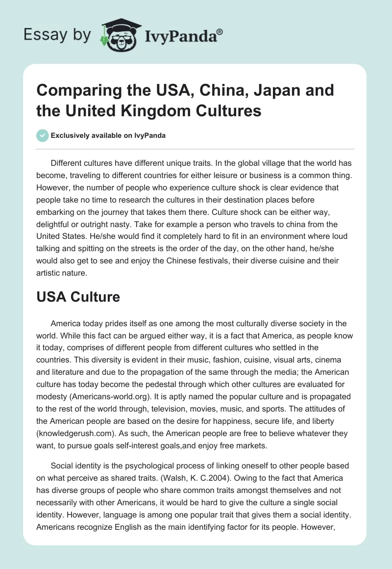 Comparing the USA, China, Japan and the United Kingdom Cultures. Page 1