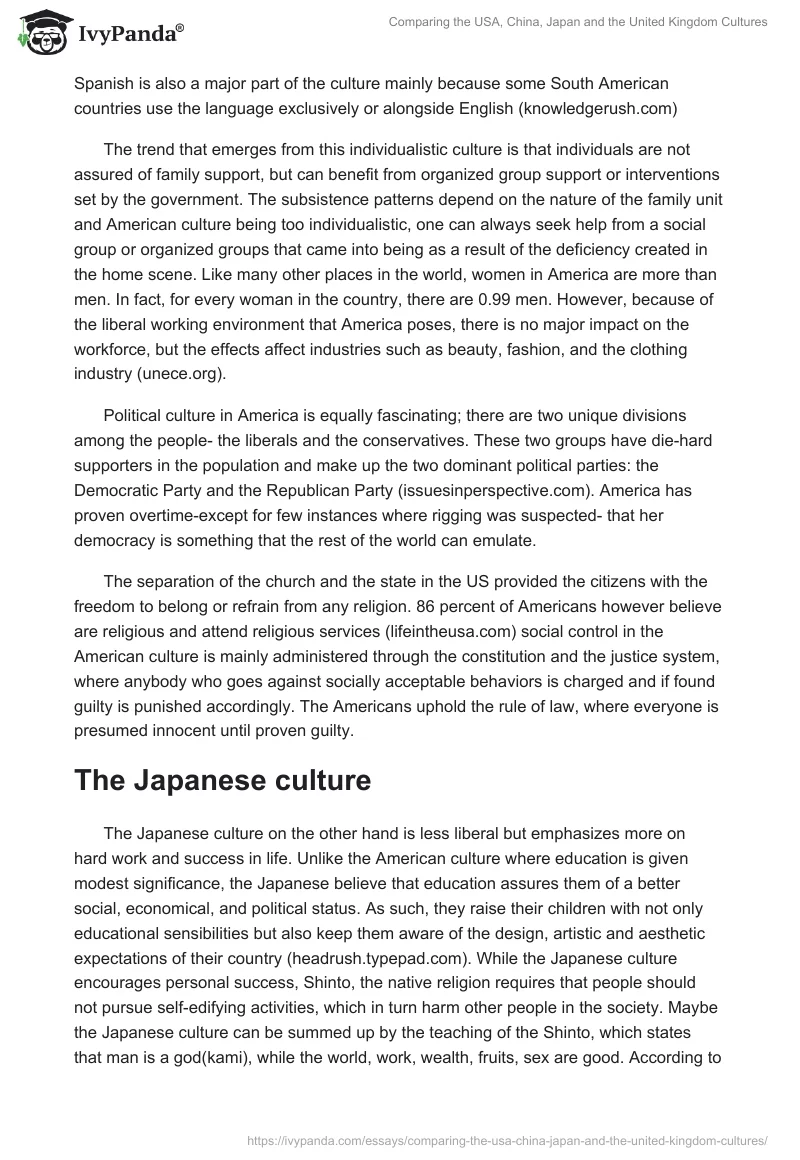 Comparing the USA, China, Japan and the United Kingdom Cultures. Page 2
