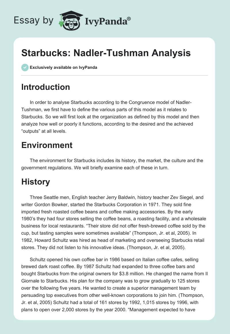 Starbucks: Nadler-Tushman Analysis. Page 1