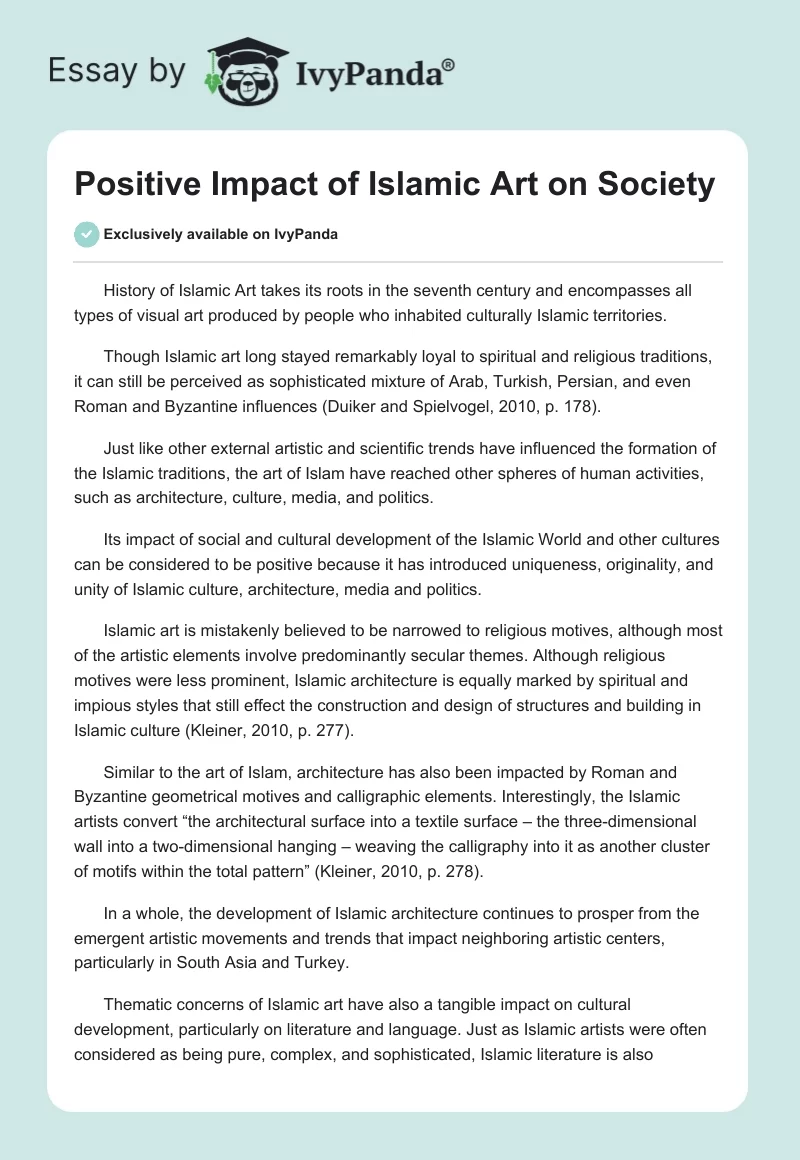 Positive Impact of Islamic Art on Society. Page 1