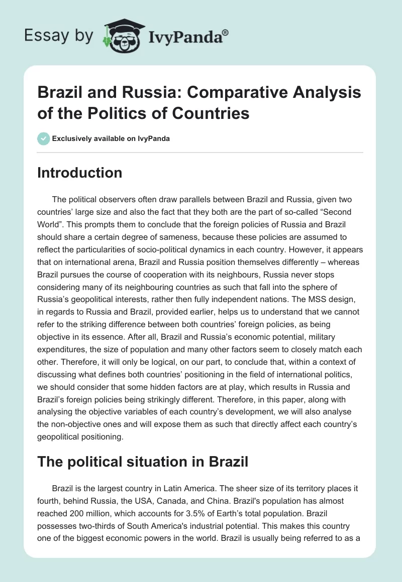 Brazil and Russia: Comparative Analysis of the Politics of Countries. Page 1