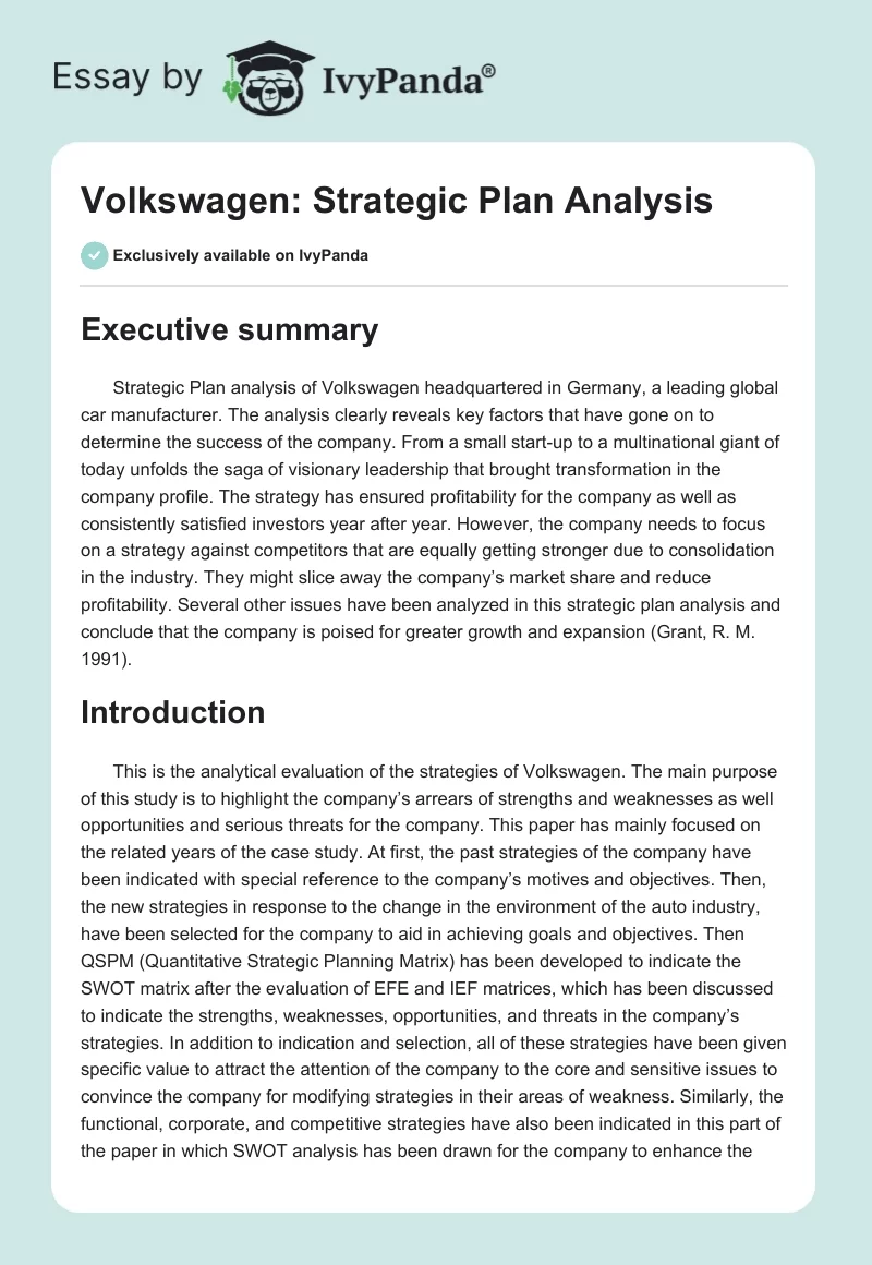Volkswagen: Strategic Plan Analysis. Page 1