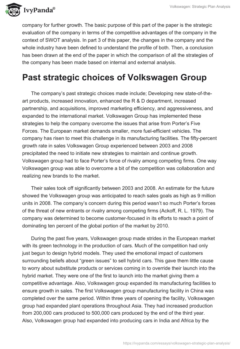 Volkswagen: Strategic Plan Analysis. Page 2