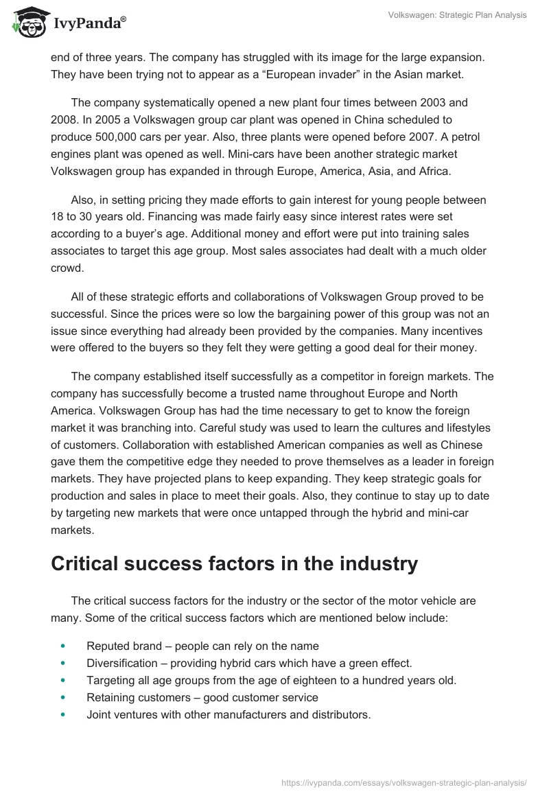Volkswagen: Strategic Plan Analysis. Page 3