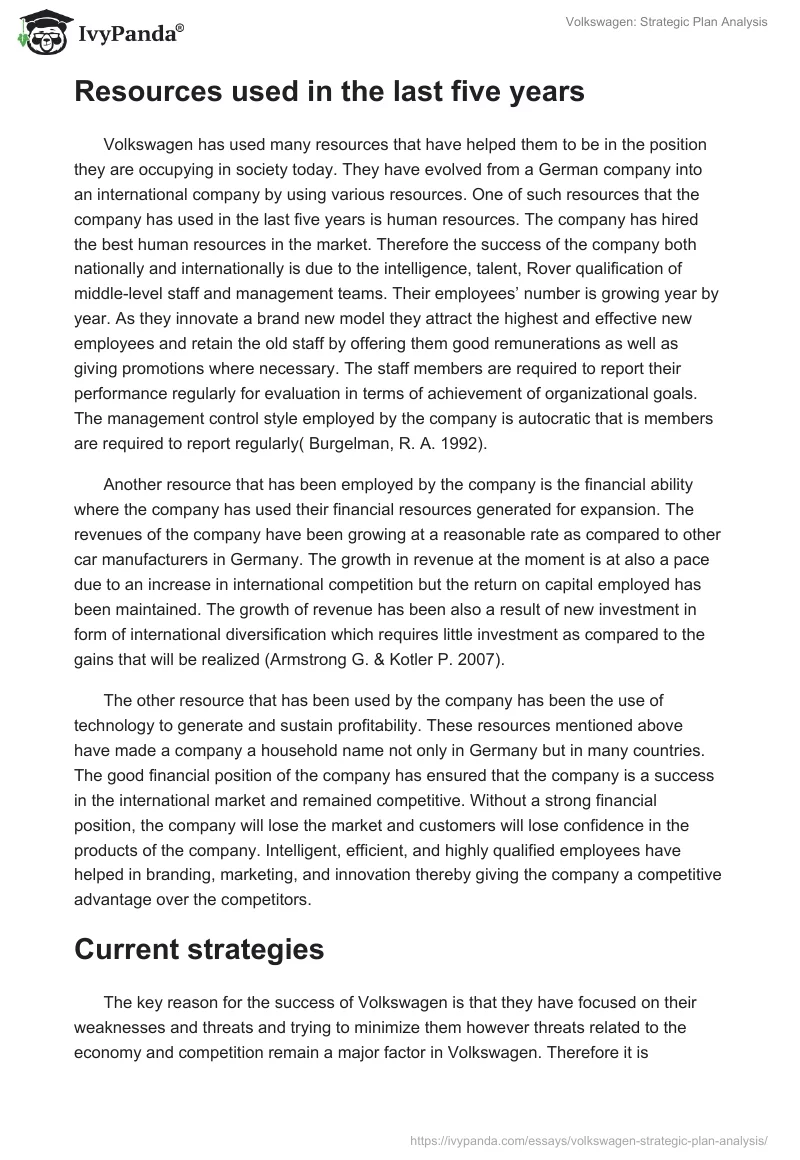 Volkswagen: Strategic Plan Analysis. Page 5