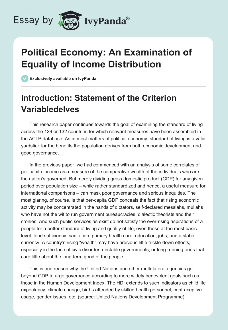 Political Economy: An Examination of Equality of Income Distribution. Page 1