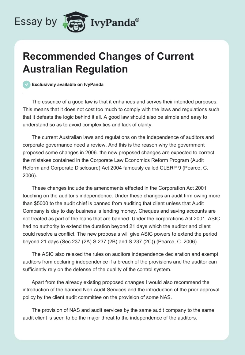 Recommended Changes of Current Australian Regulation. Page 1