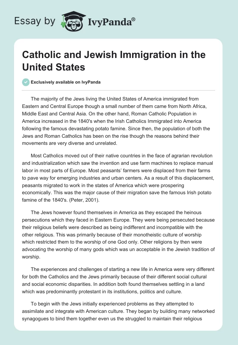Catholic and Jewish Immigration in the United States. Page 1