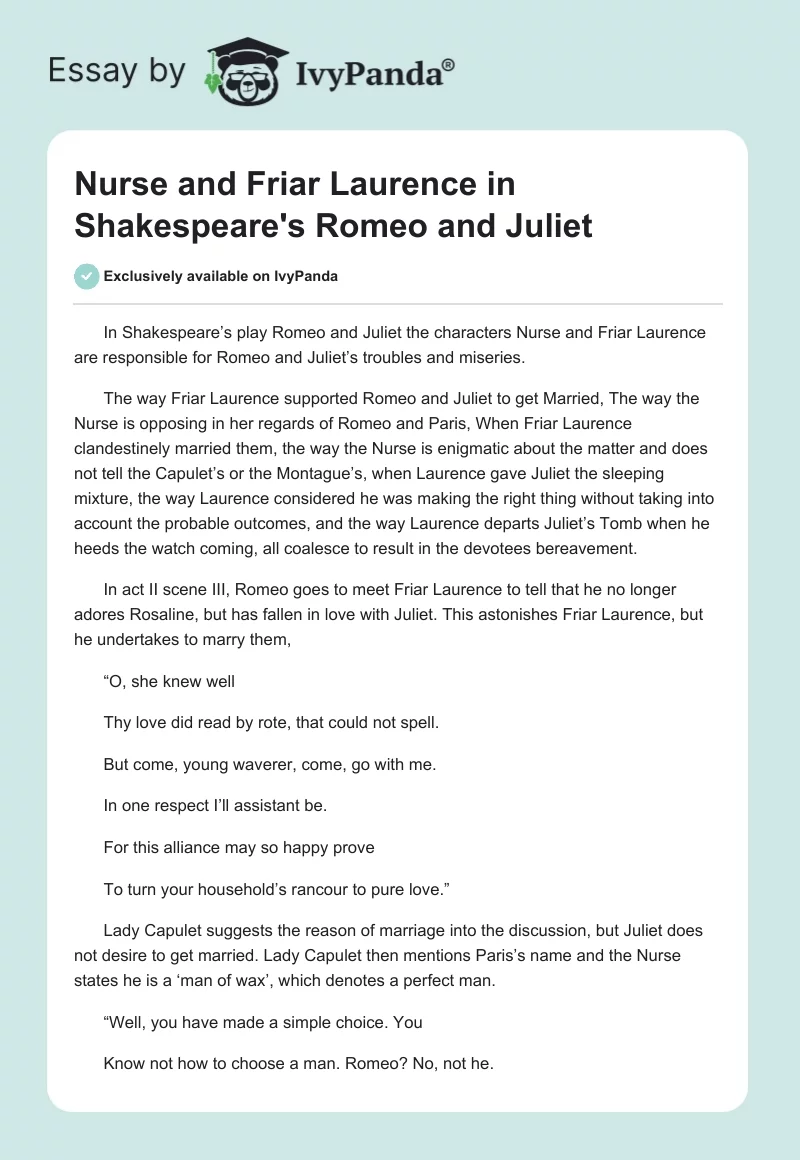Nurse and Friar Laurence in Shakespeare’s “Romeo and Juliet”. Page 1