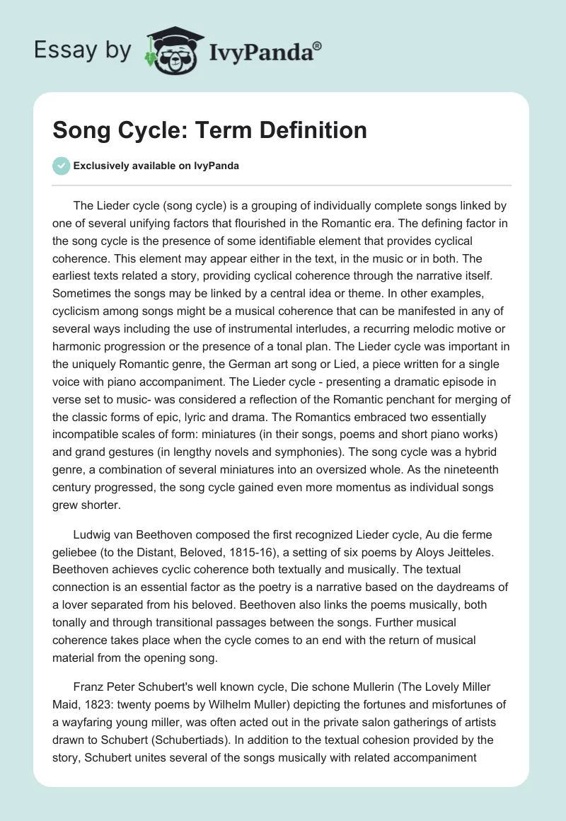 Song Cycle: Term Definition. Page 1