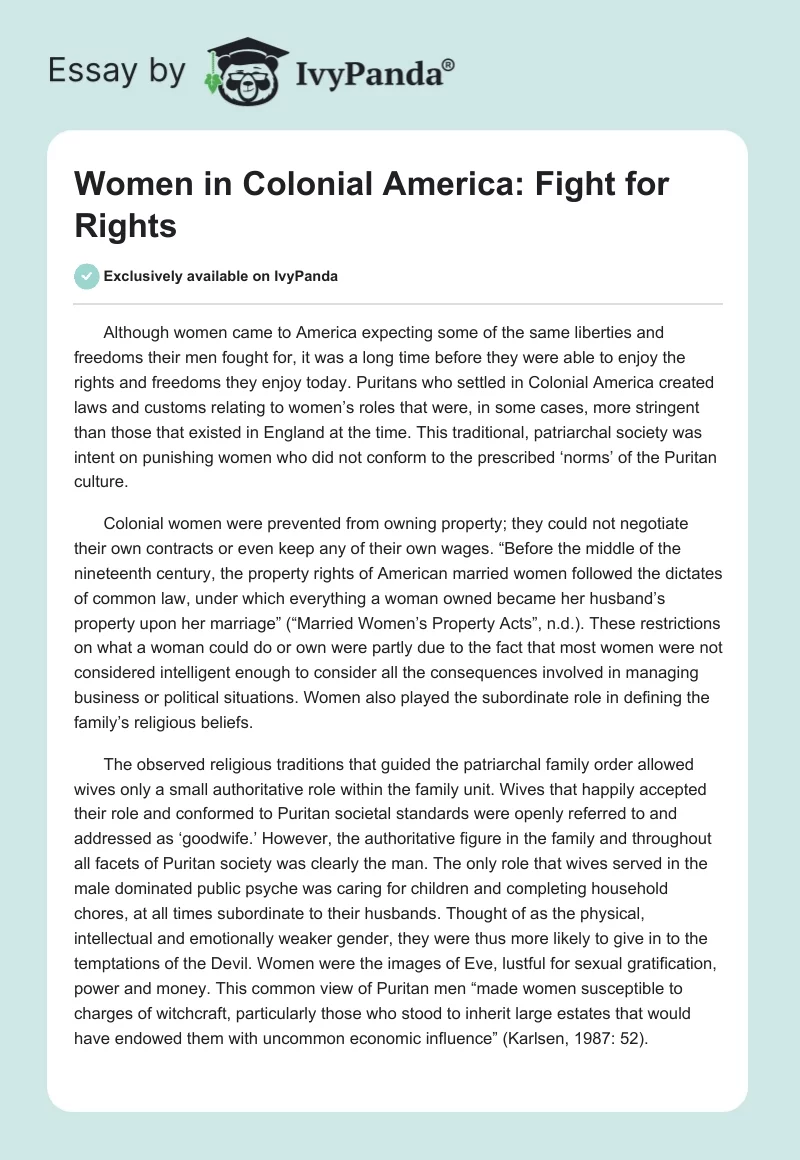 Women in Colonial America: Fight for Rights. Page 1