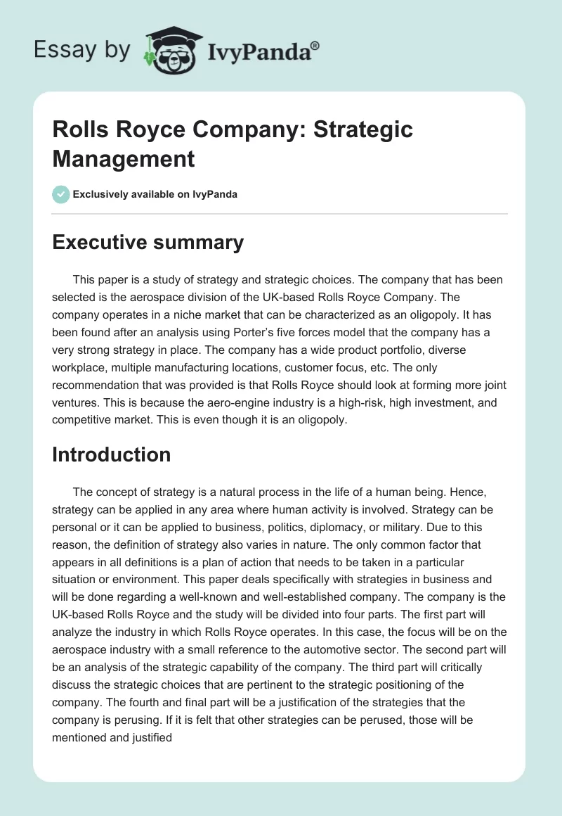 Rolls Royce Company: Strategic Management. Page 1