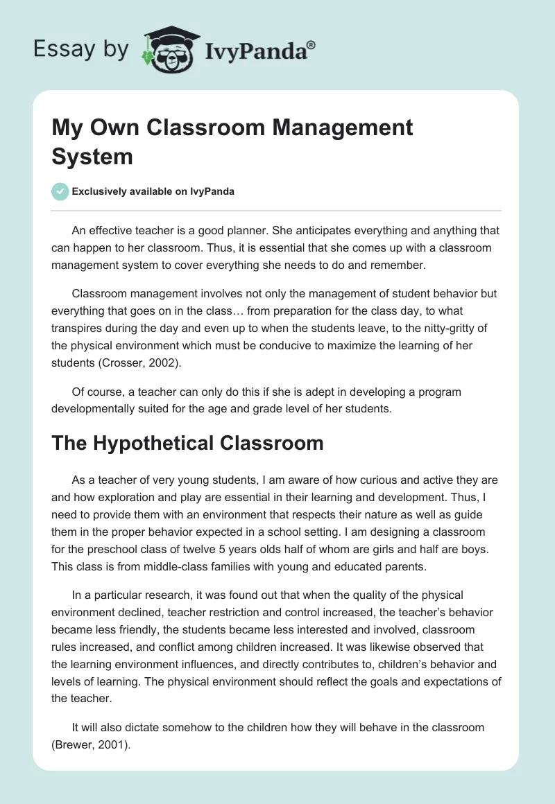 My Own Classroom Management System. Page 1